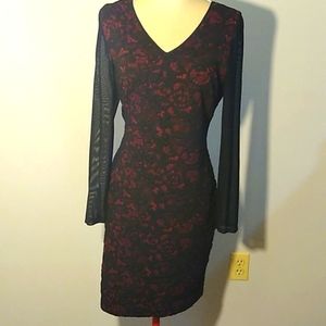 Marc New York Andrew Marc Black Red Lace Dress Size 10 Sheer Long Sleeve $45